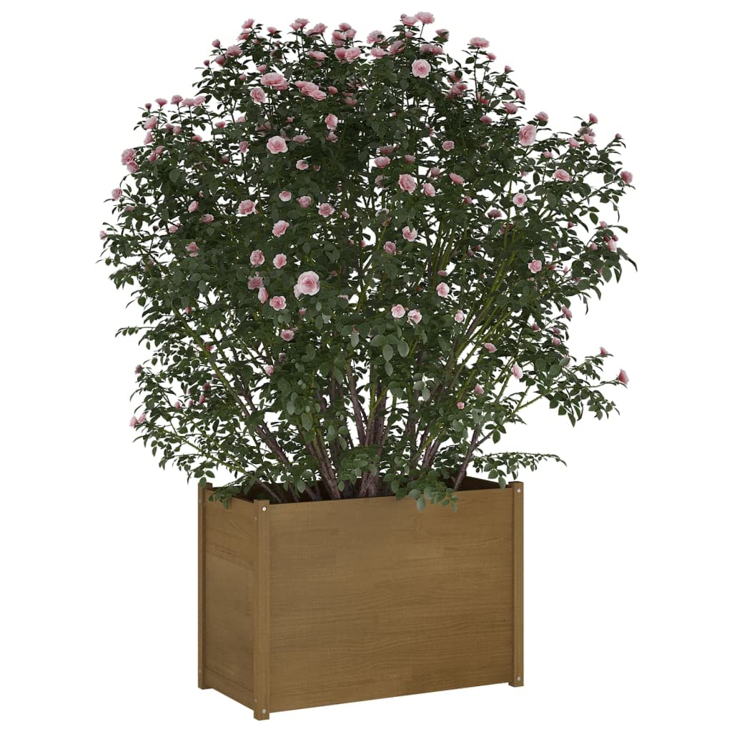 Foknhdi Honey Brown Large 39.4 x 39.4 x 27.6 in Solid Pine Garden Planter Box Raised Square Outdoor Wood Bed for Patio Balcony Backyard Vegetables Flowers