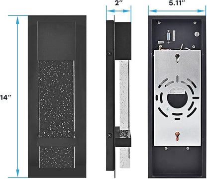 LUXRITE Modern LED Outdoor Wall Light, Seeded Bubble Glass Wall Sconce, 3CCT 3000K 4000K 5000K, 14 Inch, 12W, Black Aluminum, IP65 Waterproof, ETL, Exterior Porch Light, Front Door, Patio (2 Pack)