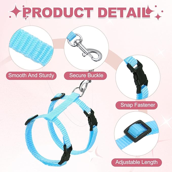 Rabbit Harness and Leash, Escape Proof Bunny Cat Leash Small Animal Harness Soft Adjustable Buckle(2Pcs, Pink/Sky Blue) for Bunny Kitten Cats Puppies Walking Hiking Training