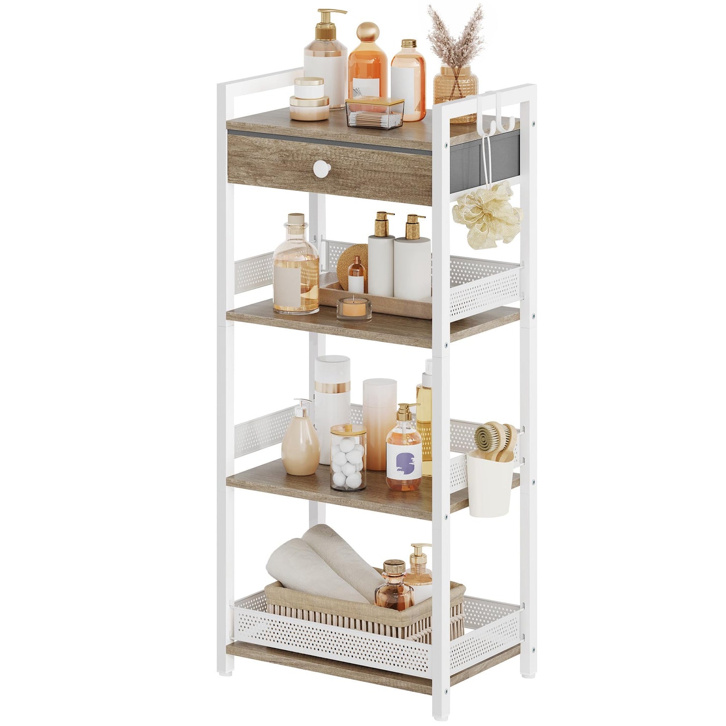 FAVOOSTY 4 Tier Ladder Shelf Stand, Bookshelf with Drawer Storage, Decorative Display Shelves Wood & Metal, Plant Shelf, Standing Shelf Unit for Living Room Bedroom Office Kitchen, White