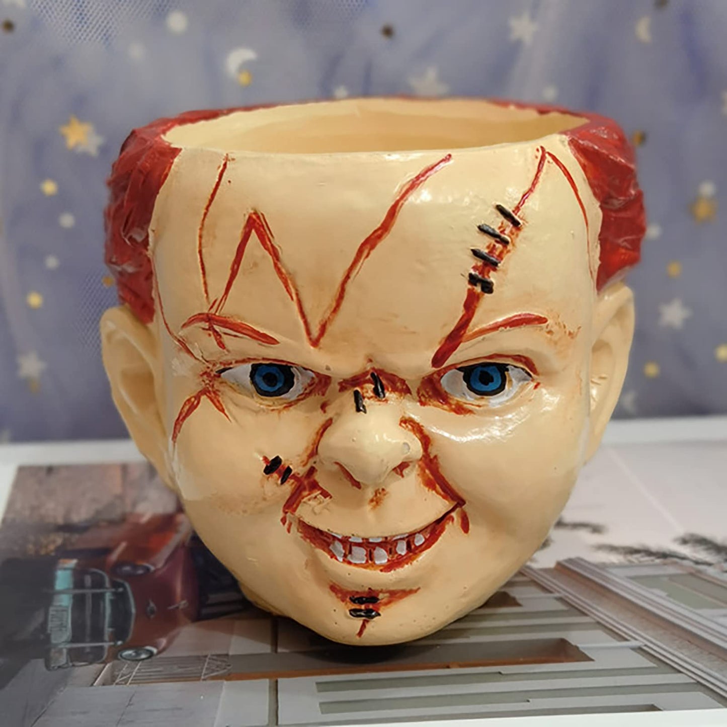 EJWCIG Horror Movie Planter Halloween Decor Scary Mini Head Skull Funny Zombie Plant Pot Gothic Unique Planters with Drainage Hole (Chucky)