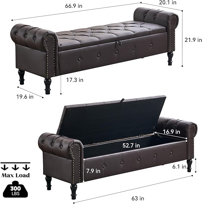 Storage Bench for Bedroom, Faux Leather King Size Bench