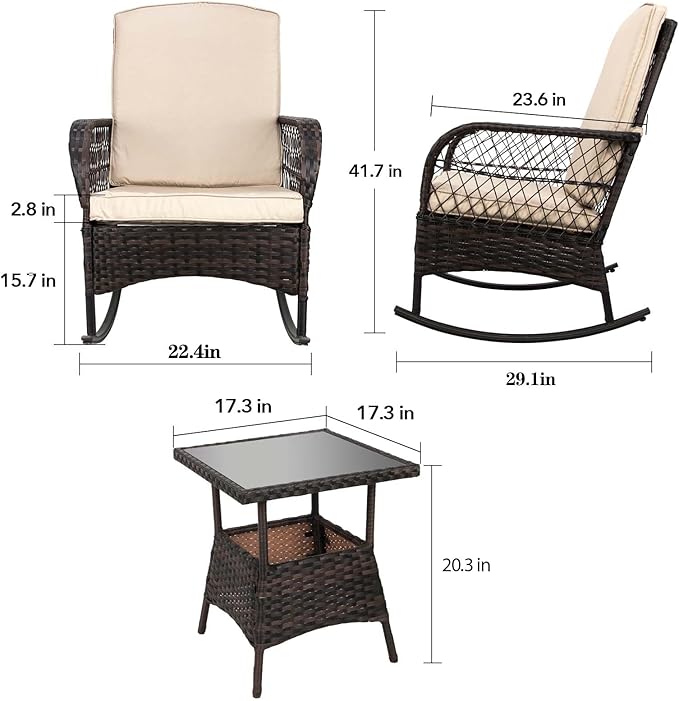 LEVELEVE 3 pcs Rocking Bistro Set Conversation Chairs PE Wicker Outdoor Rocking