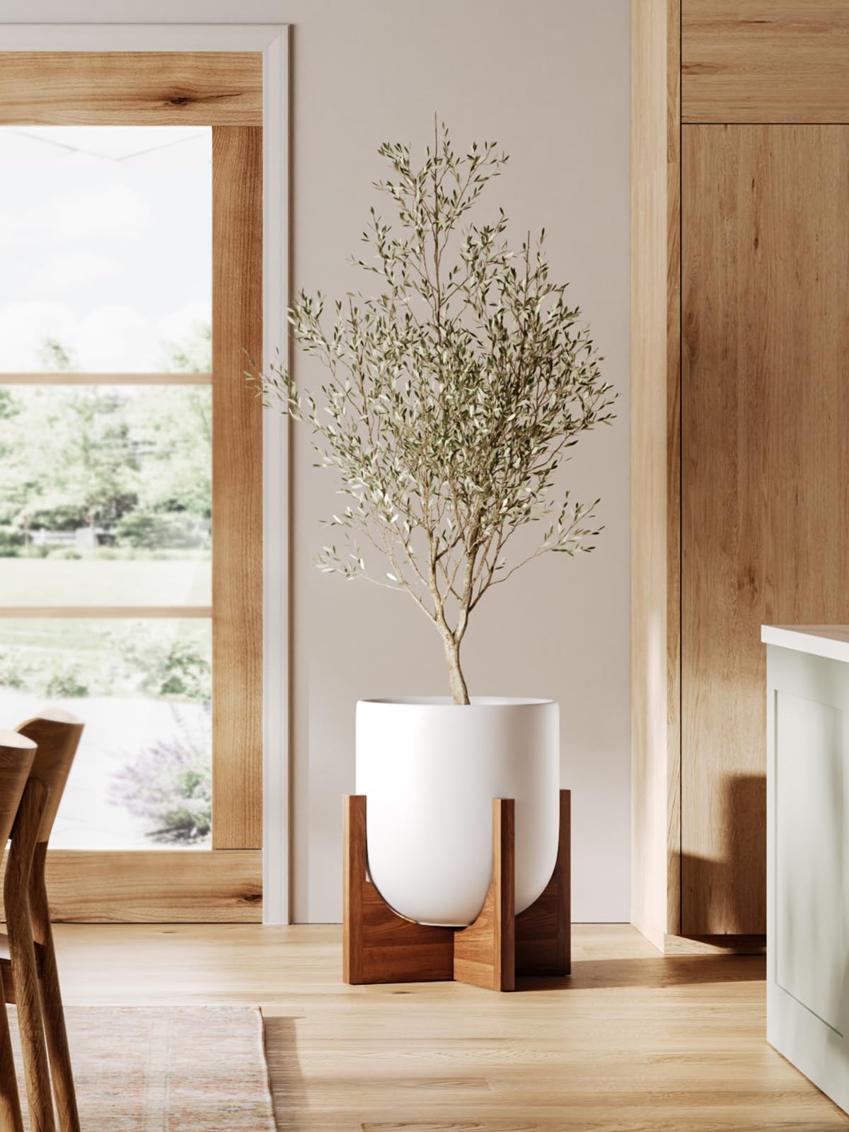 LE TAUCI 12 Inch Pots for Plants with Acacia Wood Stand, Ceramic Large Planters for Indoor Plants, Indoor Planters for Office Living Room, Cylinder Pots with Drainage Hole and Plug, White