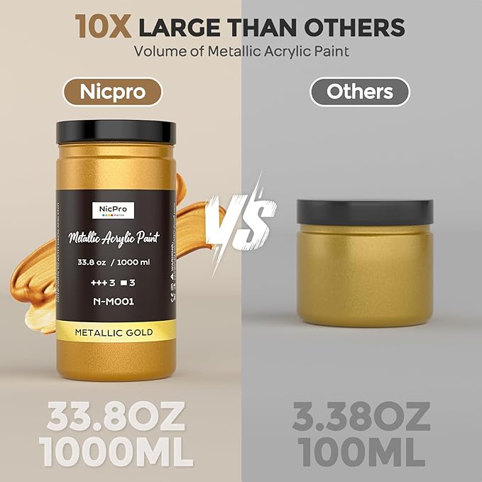 Nicpro Acrylic Paint Metallic Gold, 33.8oz/1000ml Large Gold Leaf Paint