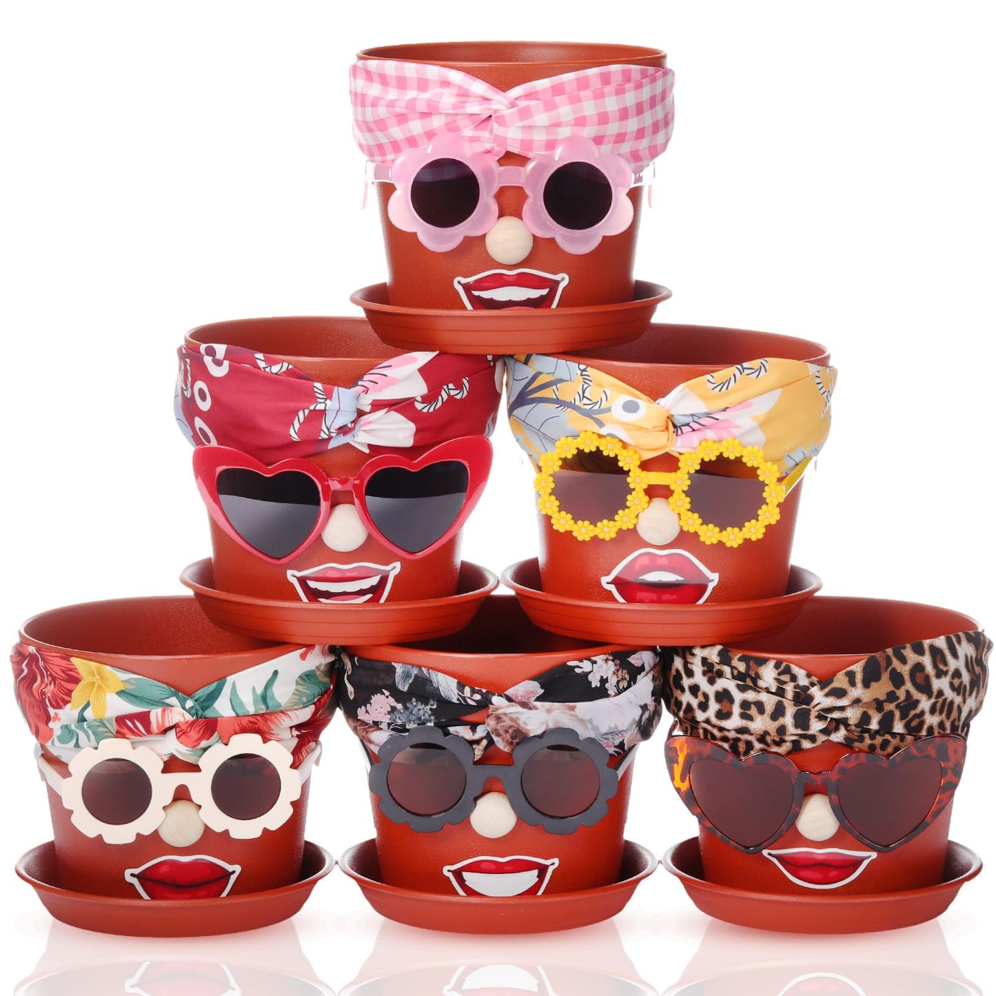 SiliFine 6 Sets Funny Plastic Pots for Crafts Lady Face Flowerpots Include 6.6 Inch Planters Hair Band Decorative Glasses Wood Particle Lip Stickers Glue Points for DIY Crafts Garden Decor