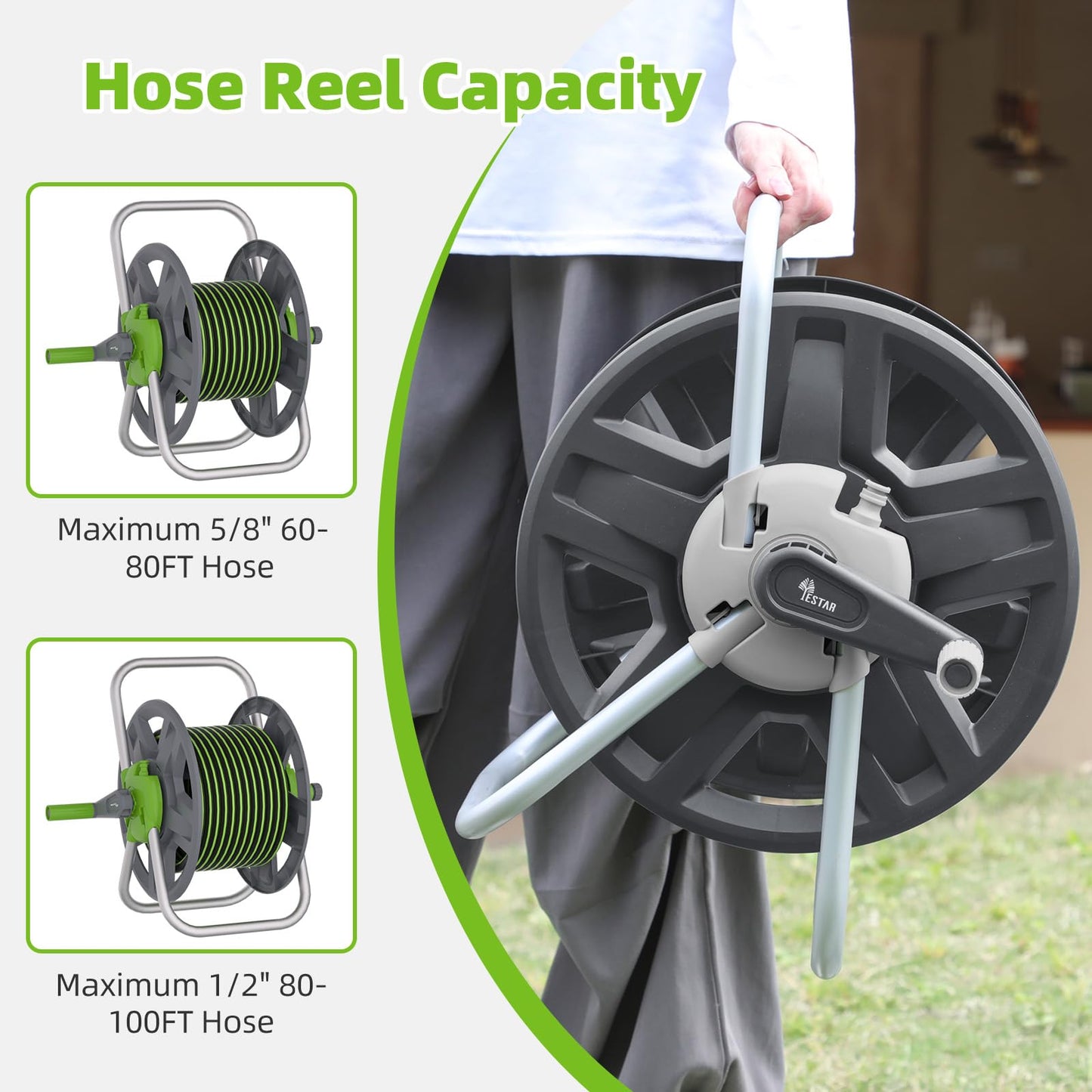 YESTAR Water Hose Reel Cart, Holds 60-80 Ft of 5/8 Inch Hose, Grey Wall Mounted Garden Hose Cart, Portable Hose Reel for Convenient Storage and Watering