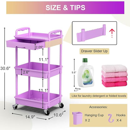 Goovilla 3 Tier Rolling Utility Cart Organizer with Removable Drawer, Stable and Sturdy Purple Rolling Storage Carts with 2 Lockable Wheels for Bathroom, Kitchen, Snack, Craft, Makeup, Baby Essentials