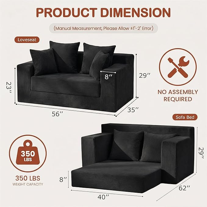 Convertible 5 in 1 Futon Sofa Bed Full Size, Corduroy Boneless Couch Sleeper