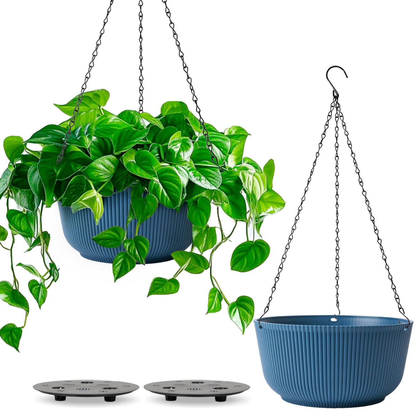 T4U 12 Inch Large Hanging Planters for Outdoor Plants, 2 Pack Self Watering Pots Indoor, Hanging Baskets for Plants,Hanging Flower Pot with Drainage Hole and Plant Hanger, Blue