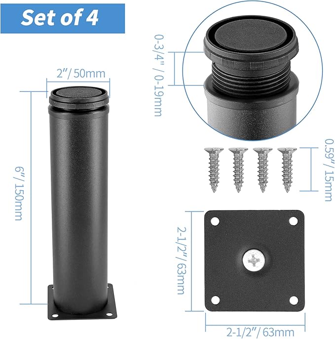 6 Inch Metal Furniture Legs Stainless Steel Adjustable Legs Black Metal Legs