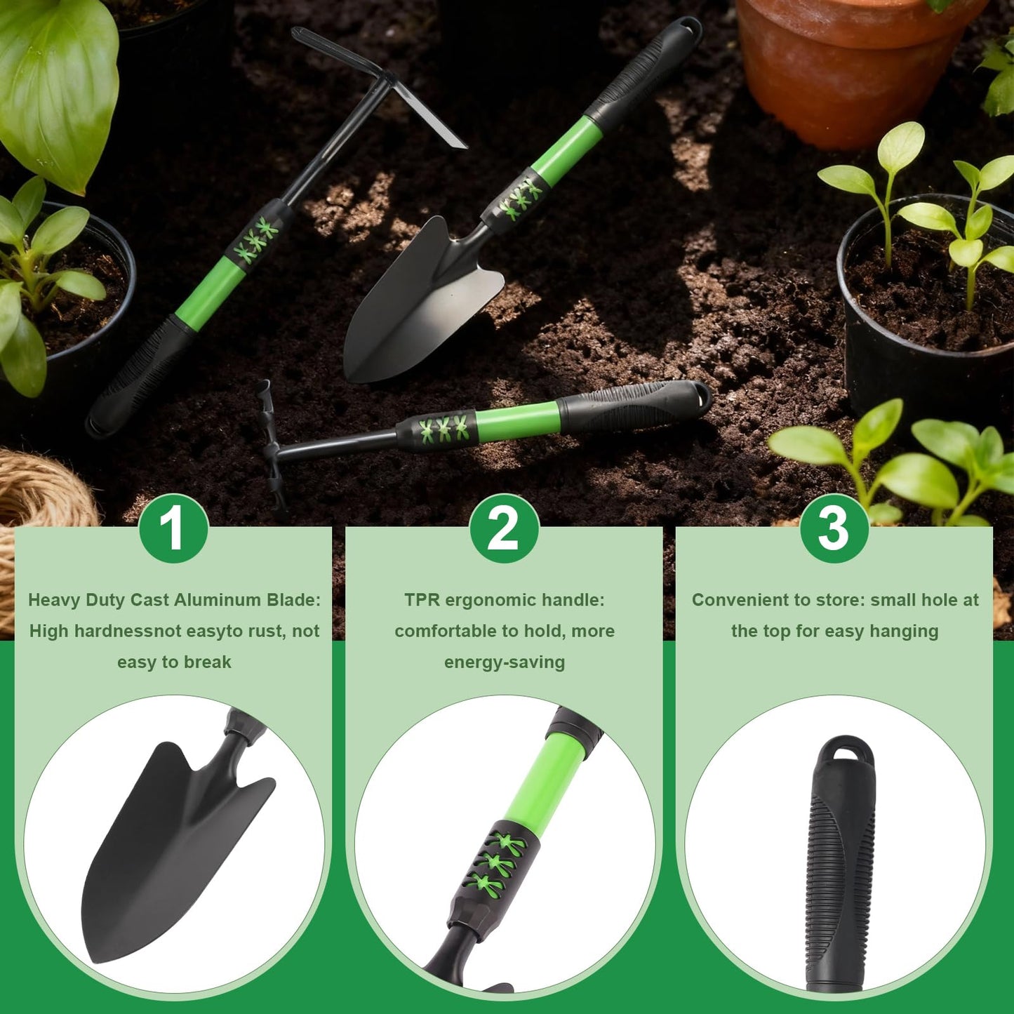 Zenrok Garden Tools Set, 4 Pack Gardening Tools, Stainless Steel Heavy Duty Hand Cultivator, Hoes, Spade Shovel, for Planting Weeding Digging, Gardening Gifts for Women, Green