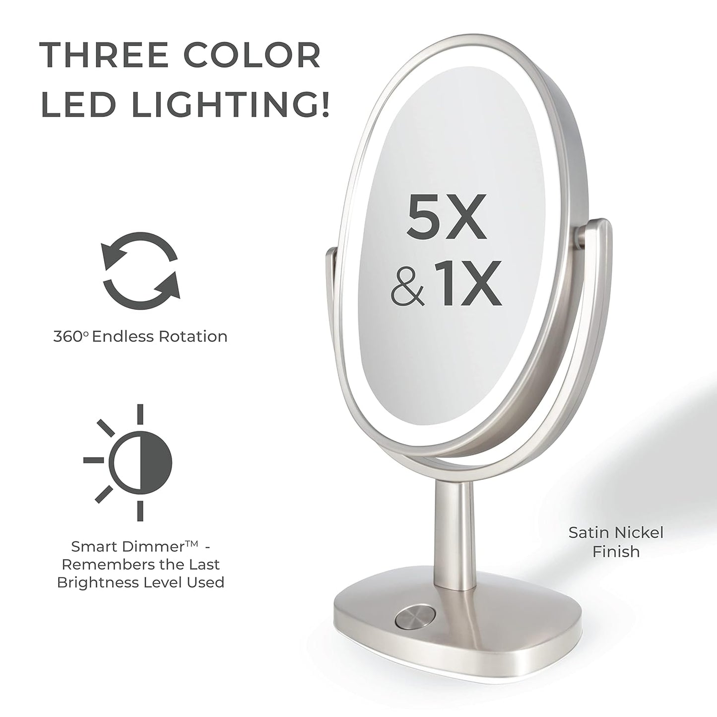 Zadro Newport 10" by 18" Oval LED Lighted Makeup Mirror with Magnification 5X/1X Touch Control Makeup Mirror with Lights