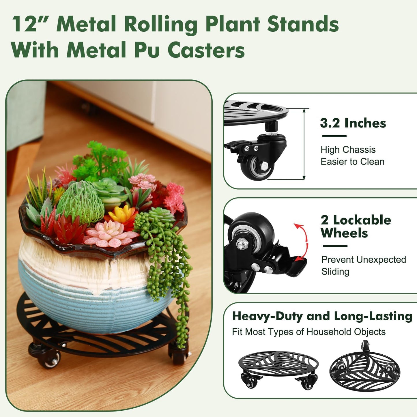 3 Packs Metal Plant Caddy with 3 Metal PU Wheels 12 Inches Heavy-duty Wrought Iron Rolling Plant Stands with Casters Indoor and Outdoor Plant Pot Roller Base Plant Dolly Coaster Movers Black