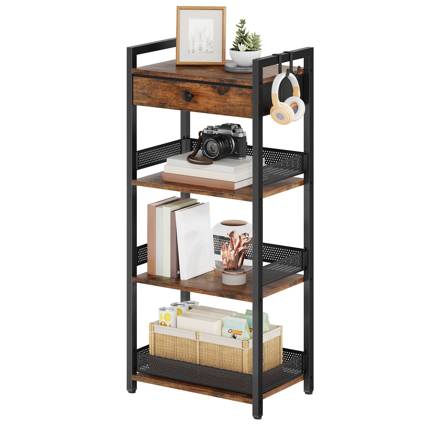 FAVOOSTY 4 Tier Ladder Shelf Stand, Bookshelf with Drawer Storage, Decorative Display Shelves Wood & Metal, Plant Shelf, Standing Shelf Unit for Living Room Bedroom Office Kitchen, Rustic Brown