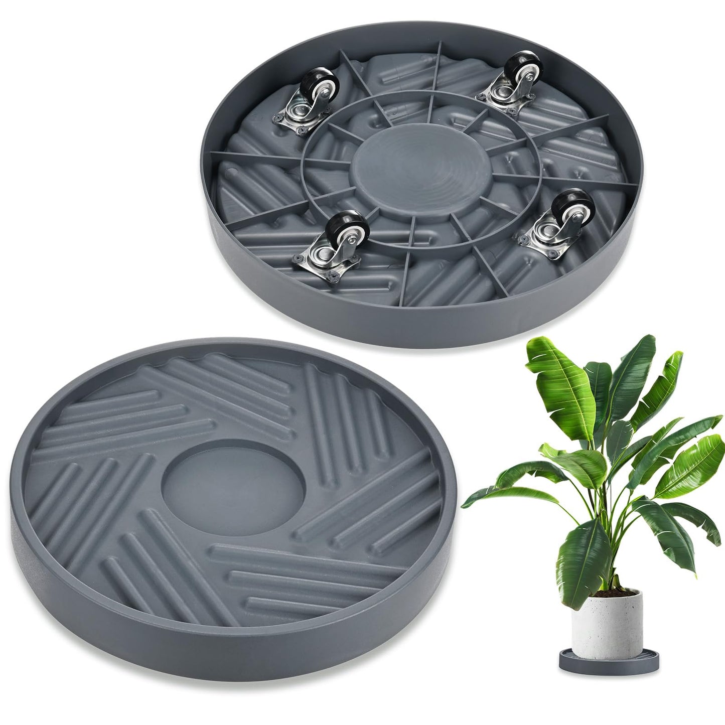 M METERXITY 2PCS Round Planter Caddies, 12 Inches Plastic Plant Roller with Wheel, Plant Saucers for Indoors, Plant Stand for Flower Pots [Gray]