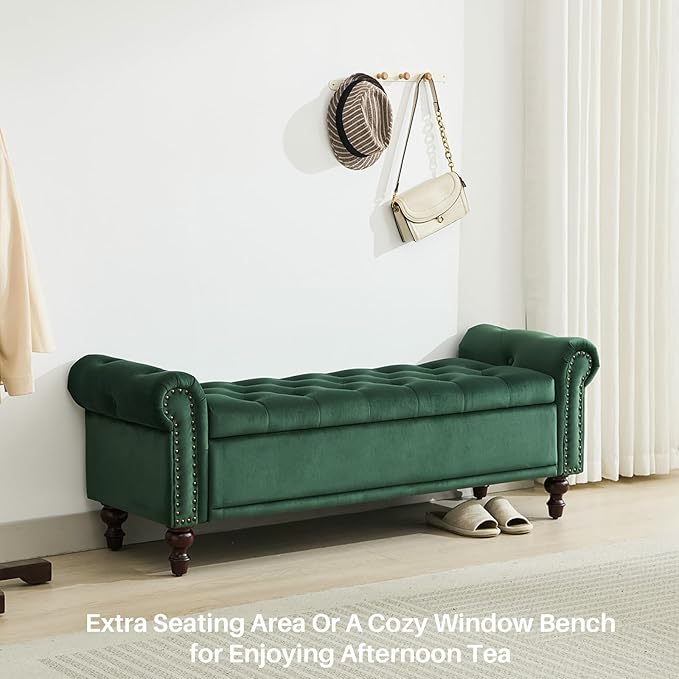 SOFTHION 58.1" Storage Bench Upholstered Velvet End of Bedroom Bed Bench Ottoman