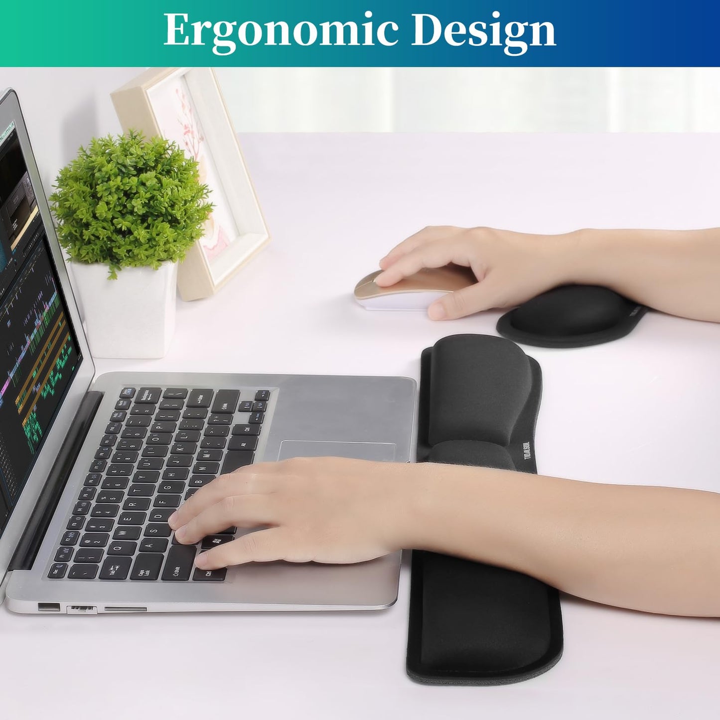 Wrist Rest for Computer Keyboard and Mouse - Ergonomic Memory Foam Mousepad Rests with Non-Slip Base for Office, Gaming, Computer - Pain Relief & Carpal Tunnel Support, Black, 2-Piece Desk Accessories