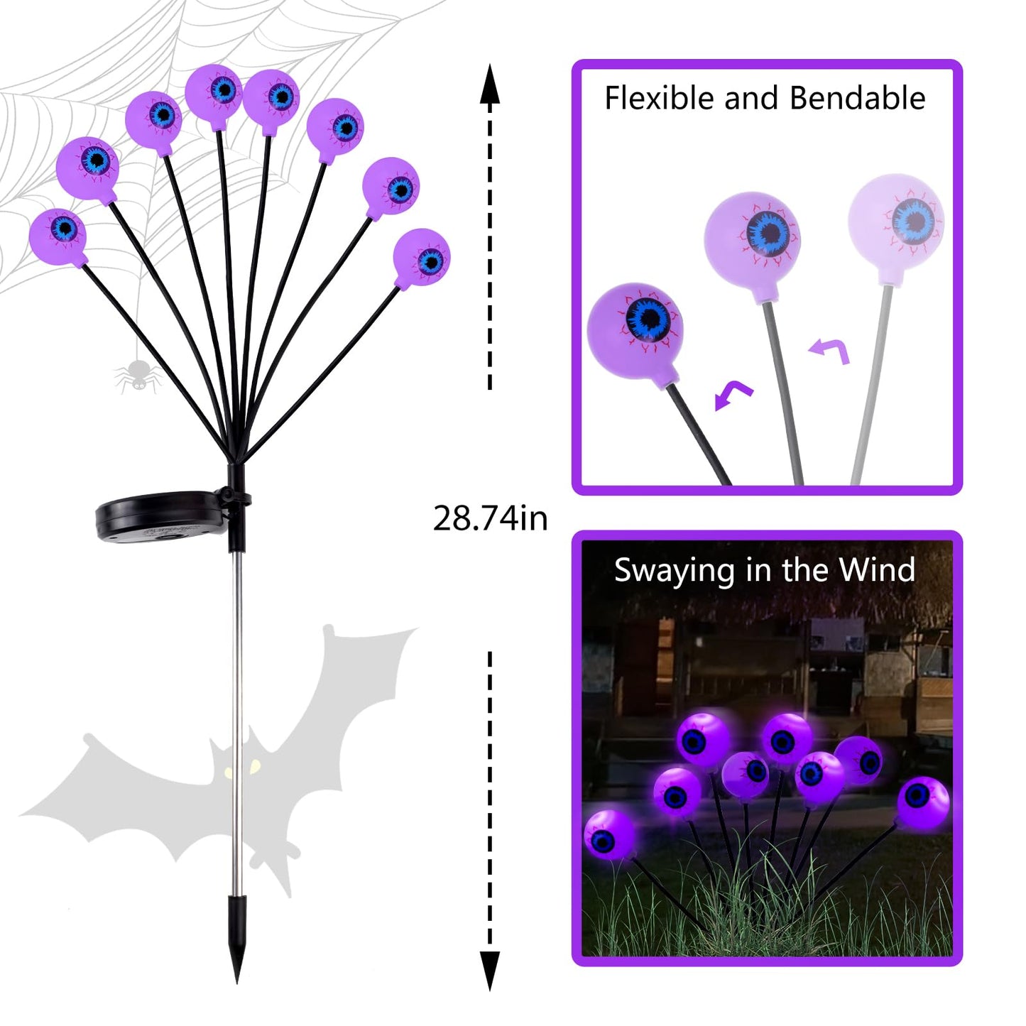 LCHUANG 4 Pack Halloween Decorations Outdoor Lights - 32LED Solar Scary Eyeball Pathway Lights Swaying by Wind, Waterproof Solar Halloween Stake Lights for Garden Porch Lawn Pathway (Purple)