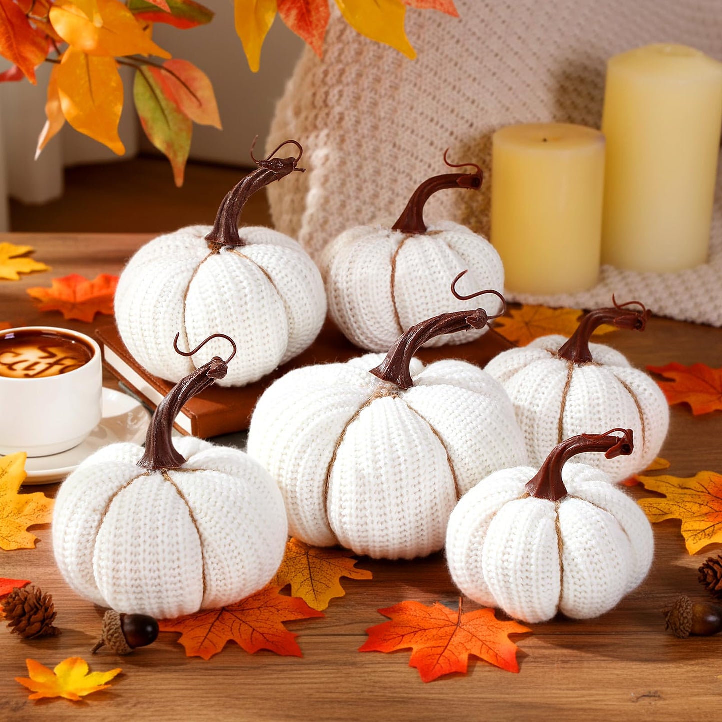 HunnmingRe 6 Pcs Thanksgiving Decor White Crochet Pumpkins Large 6 Inch Faux Fall Pumpkin Decor for Thanksgiving Farmhouse Autumn Rustic Mantel Table