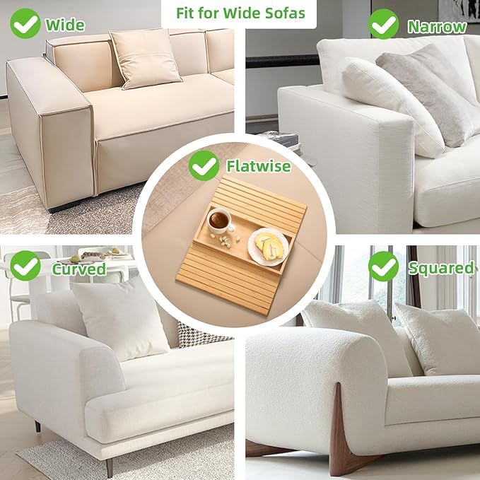 GEHE Bamboo Sofa Arm Tray, Foldable Couch Arm Tray Side Table, Anti-Falling