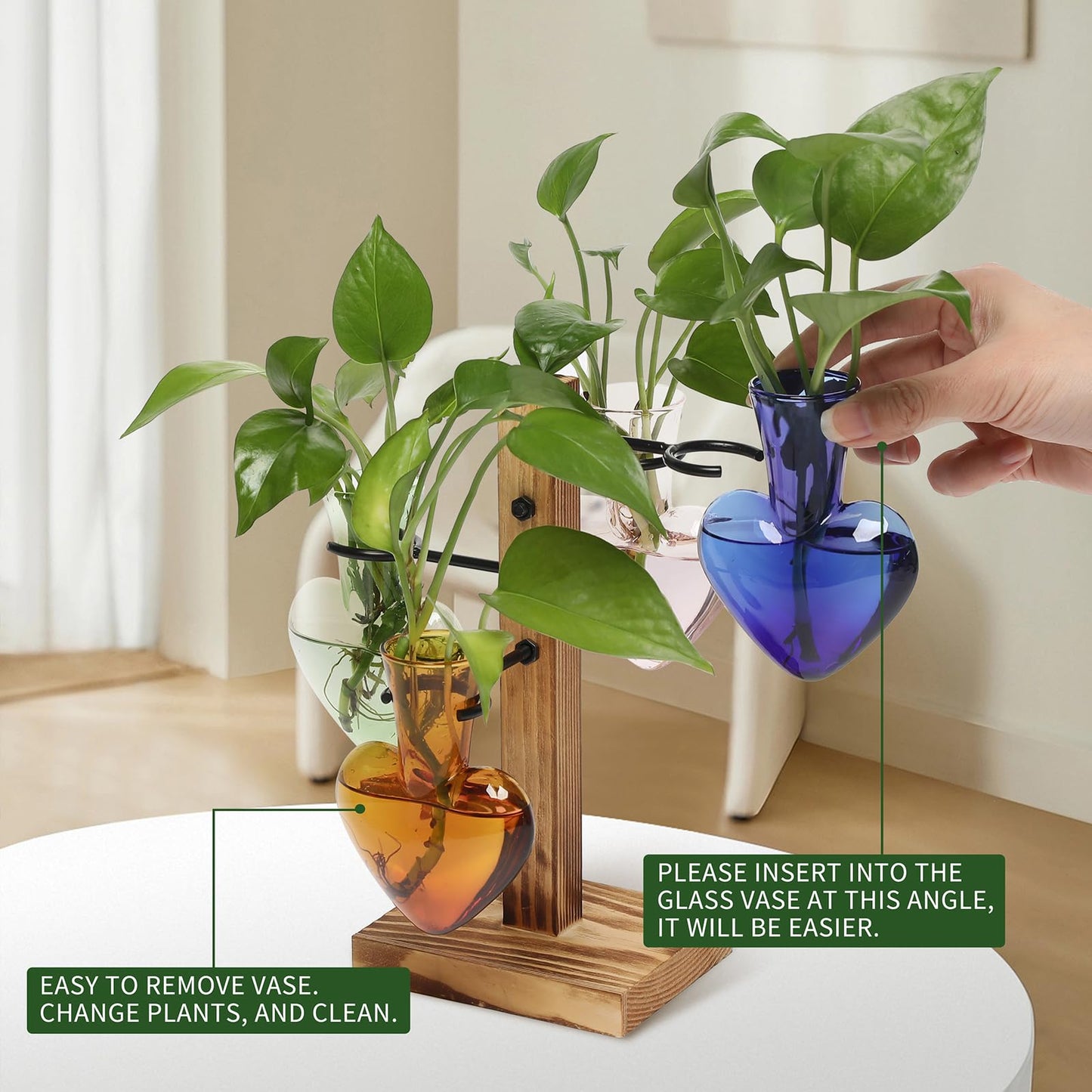 CYZglass Plant Terrarium Propagation Stations with Wooden Stand, Glass Vase for Indoor Hydroponics Home Garden Office Decoration Gift for Women - 4 Love Bulb Vase