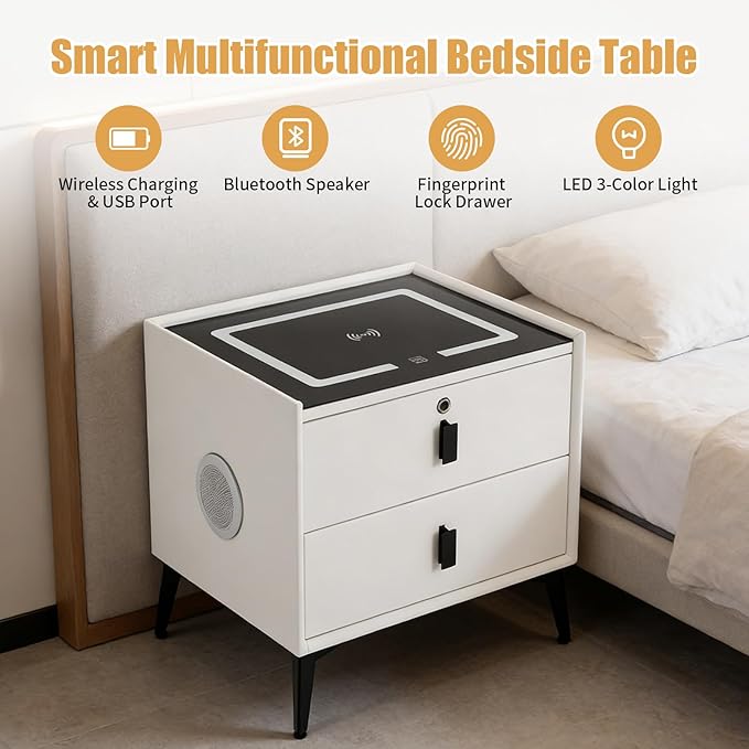Smart Nightstand with Charging Station, Adjustable LED, USB Ports, Fingerprint