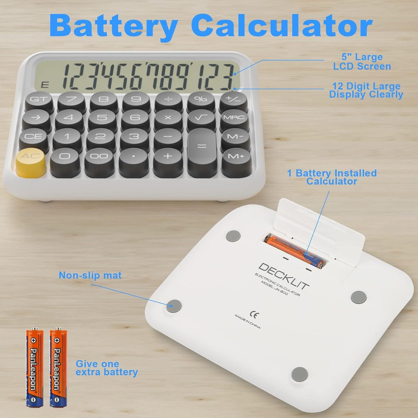 Mechanical Calculator 12 Digit Extra Large 5-Inch LCD Display, DECKLIT Battery Desk Calculator, Big Buttons Easy to Press Use as Office Calculators Desktop, 15°Tilt Screen for Kids Calculator(Black)