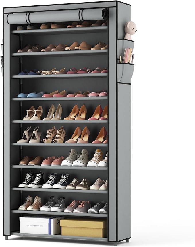 ROJASOP Shoe Rack with Covers, Stackable 10 Tier Tall Shoe Shelf Storage 50-55