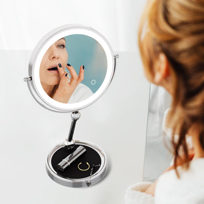 9" Large Lighted Makeup Mirror with 1X/10X Magnification, 4000mAh Rechargeable Vanity Mirror with Height Adjustable & 3 Color Dimmable Lights, 360°Swivel Double Sided Tabletop Cosmetic Mirror