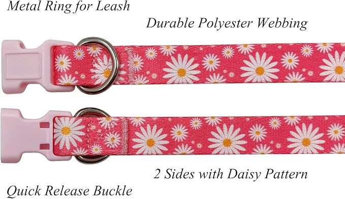 Dog Collar Leash Set, Floral Pattern, Polyester Material, Adjustable Collar and 5ft Matching Leash, for Puppy Dogs.(XS, Daisy)