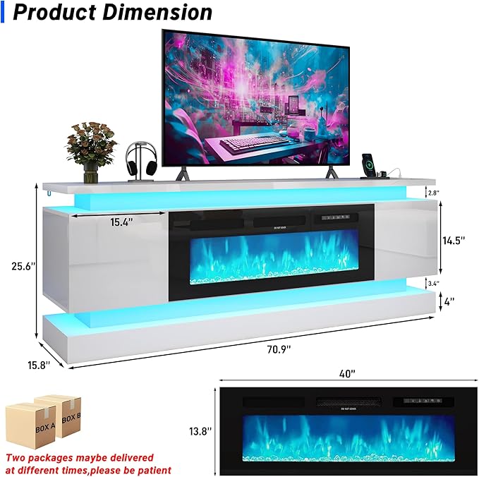 chartustriable 71IN LED TV Stands w/40 inch Fireplace Power Outlet