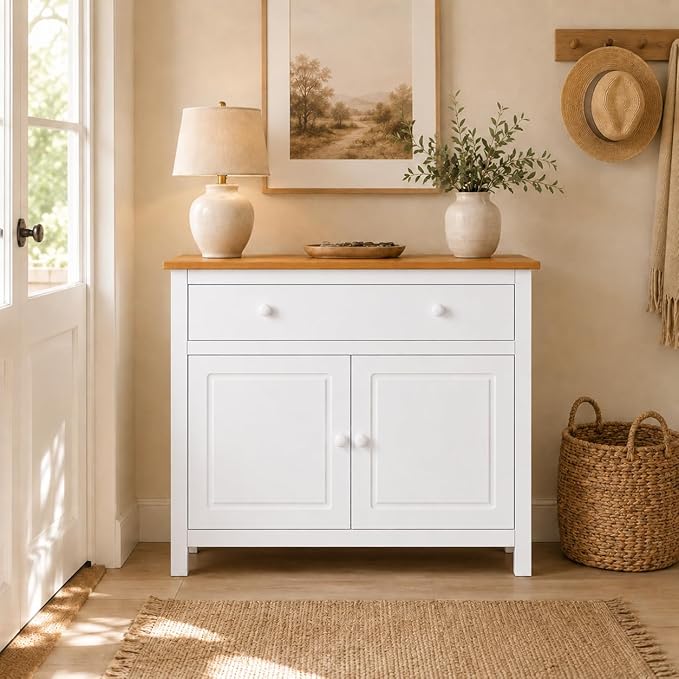 From the Tree Furniture 44" Wide White & Pine Top Solid Pine Shaker Sideboard