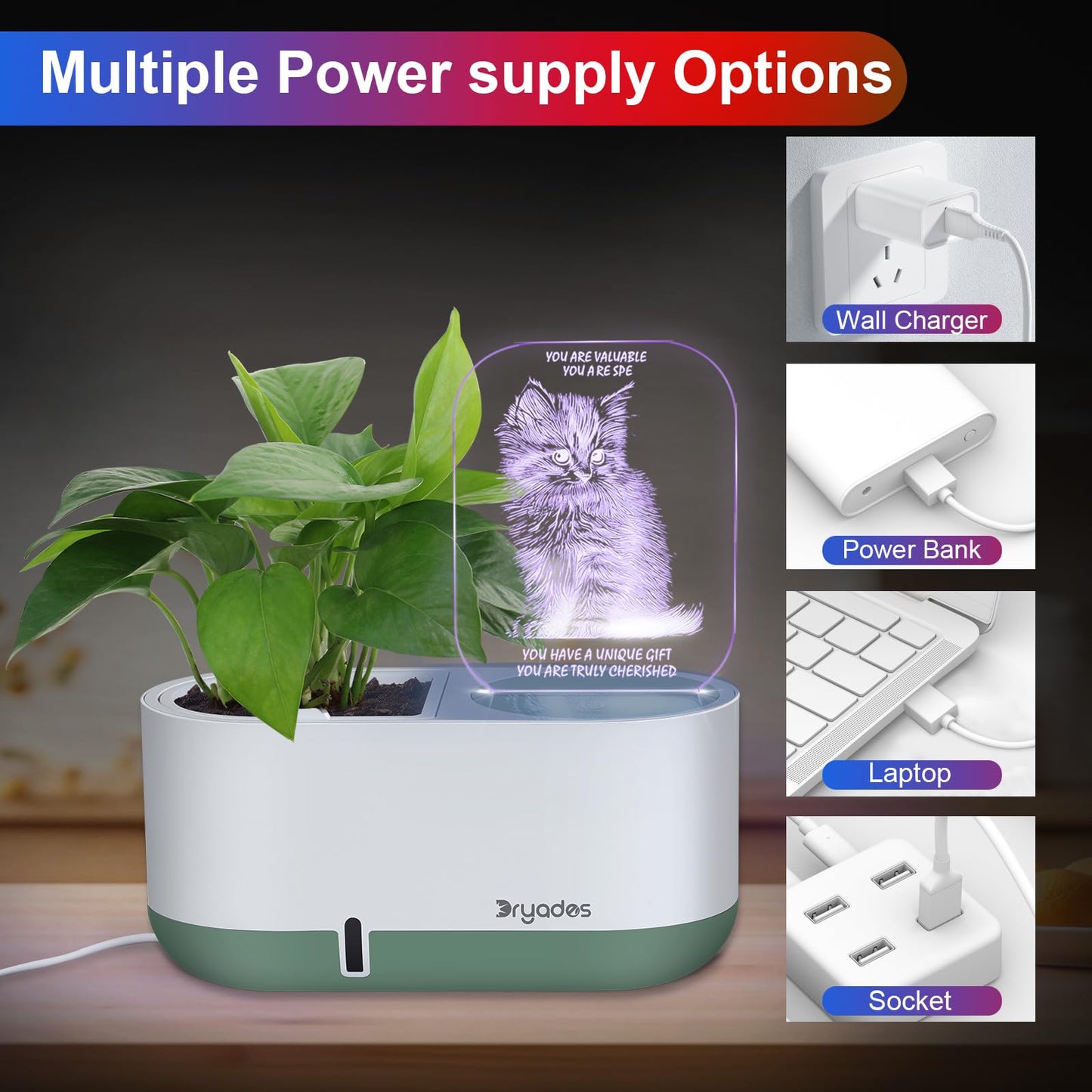 Self-Watering Planter with LED Note Board & 7 Colors Pen Acrylic Message Board with Light Acrylic Dry Erase Board, Led Cat Board Night Light with Planting Pot for Children's Day Gifts(No Plant&Seed)