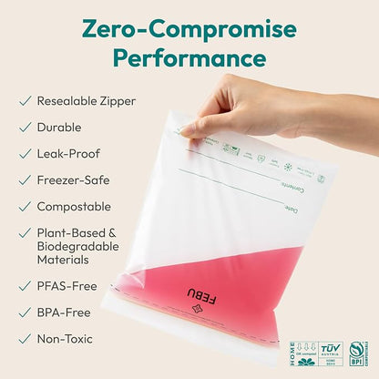 FEBU Snack Compostable Food Storage Bags, 180 Count | Certified Home Compostable & Biodegradable | PFAS & BPA Free Zipper Bags | Leak-Proof & Resealable | 6.5"x 3.25"