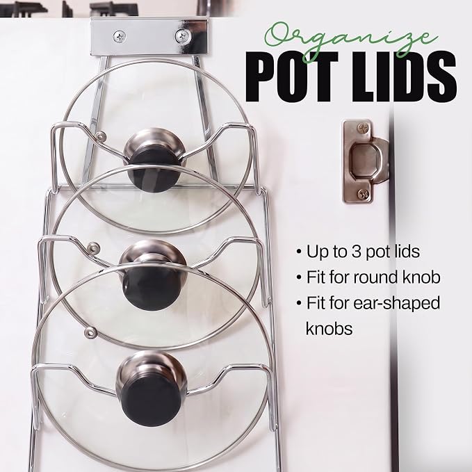 Evelots 2-in-1 Pot Lid Organizer with Towel Holder - 2 Pack, 3-Tier Cabinet Door Rack - Space-Saving Kitchen Organizer for Glass or Metal Pan Lids & Towels - Over the Door Design - Chrome