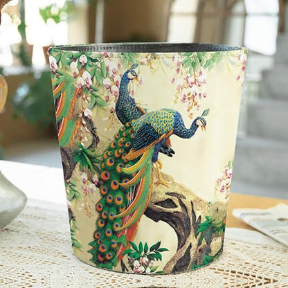 10L/2.64 Gallon Trash Can, Decorative Waste Basket, PU Leather Waste Paper Basket, Waterproof Garbage Can for Bathroom, Bedroom, Office, Kitchen and Living Room - Peacock-4