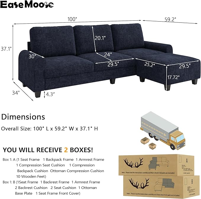 EASE MOOSE 100" Chenille L-Shaped Sectional Sofa, Modern Deep Seat Modular Couch