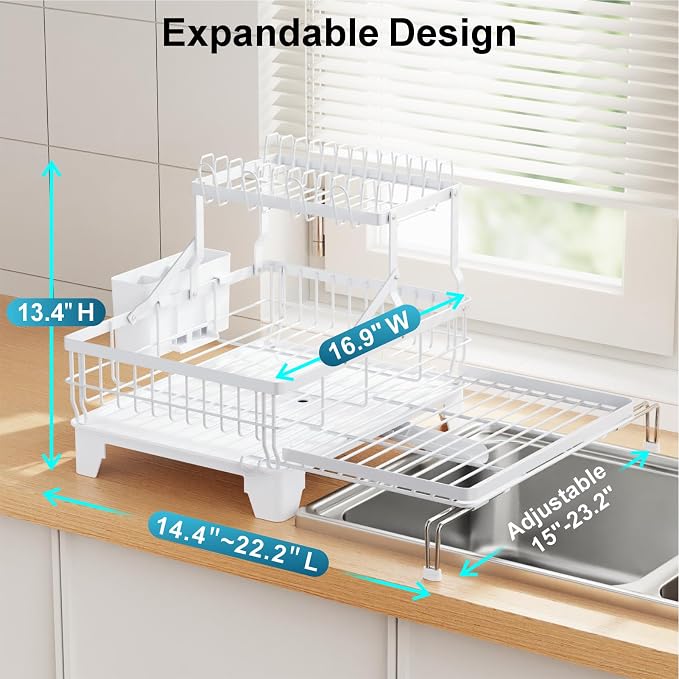 GSlife Large 2 Tier Dish Drying Rack, Expandable Heavy-Duty Dish Rack for Kitchen Counter, Rust-Resistant Dish Drainer with Utensil & Cup Holder, Auto-Drain, 16.9" W x 14.4"-22.4" L, White