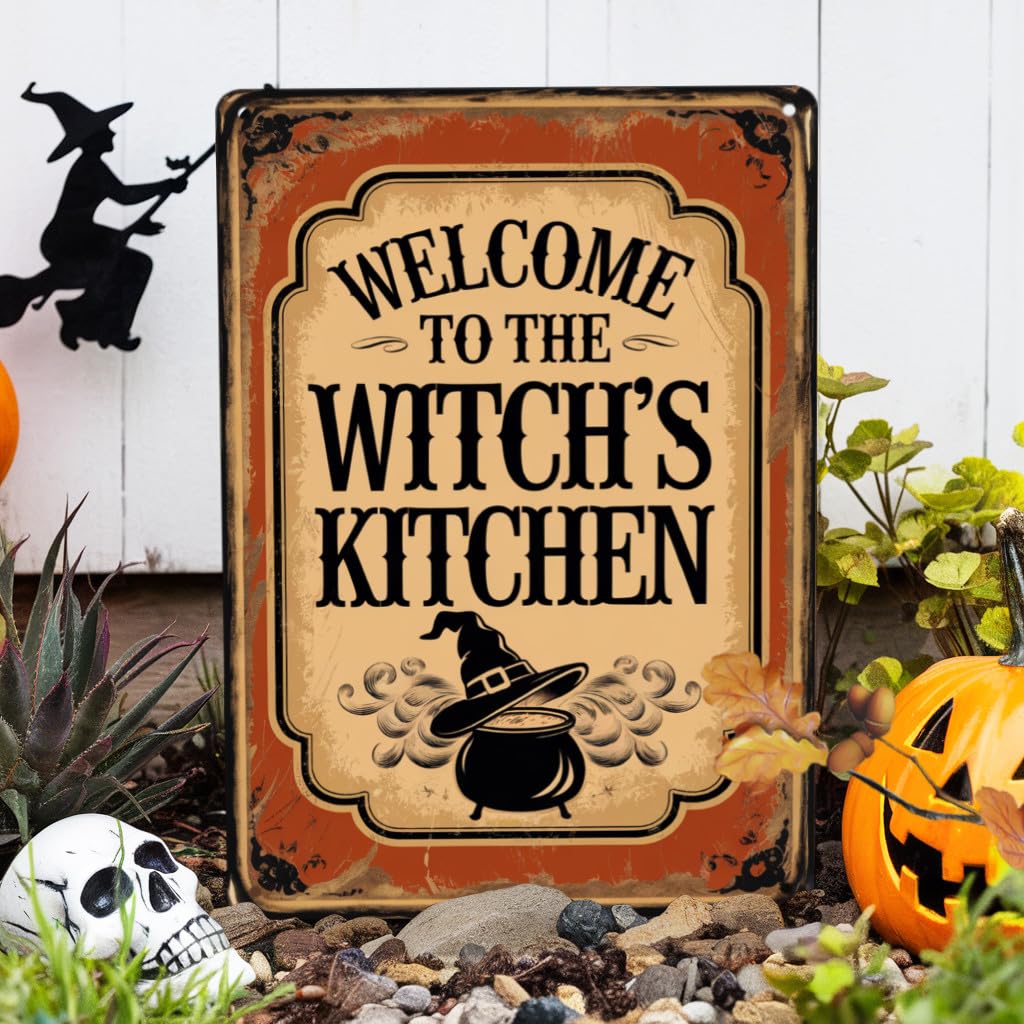 Welcome To The Witch's Kitchen Halloween Metal Tin Sign, Rustic Wall Decor For Kitchen, Farmhouse, Halloween Party, Entryway Decorative Signs & Plaques 8x12 Inch