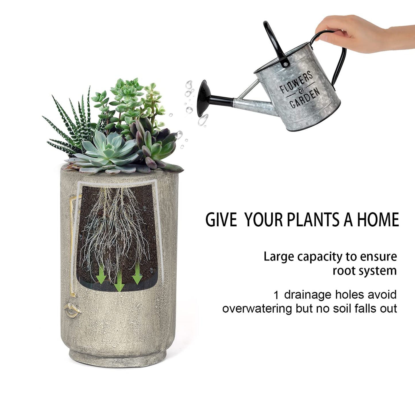 Asense Flower Pots Planters for Outdoor Indoor Garden, Smile Face Head Planter Plant Succulent Pots with Drainage Hole, Faux Concrete, Natural…