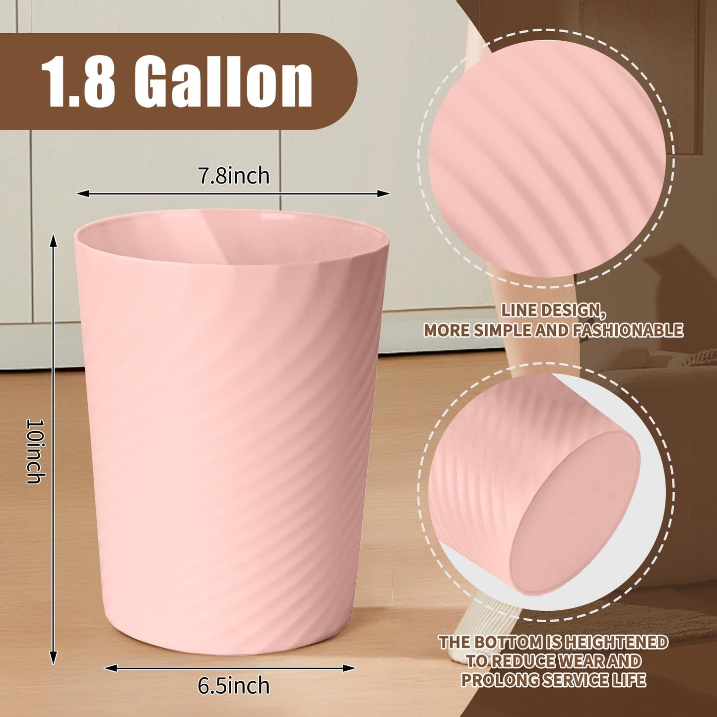 YIDUOZHH Small Trash Can - Plastic Waste basketbin for Office,Home,Bathroom,Kitchen - 1.8 Gallon - Pink