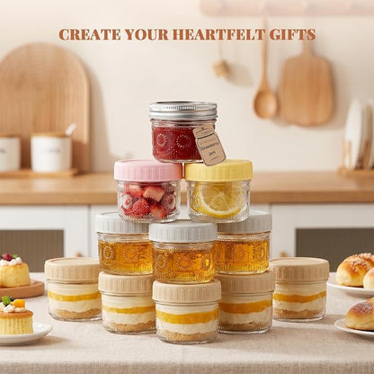 CycleMore 4 oz Glass Mason Jars – 24-Pack Small Canning Jars with Regular Mouth & Two Sets of Lids (24 Metal + 24 Plastic) – for Jam, Jelly, Spices, Overnight Oats, Wedding Favors