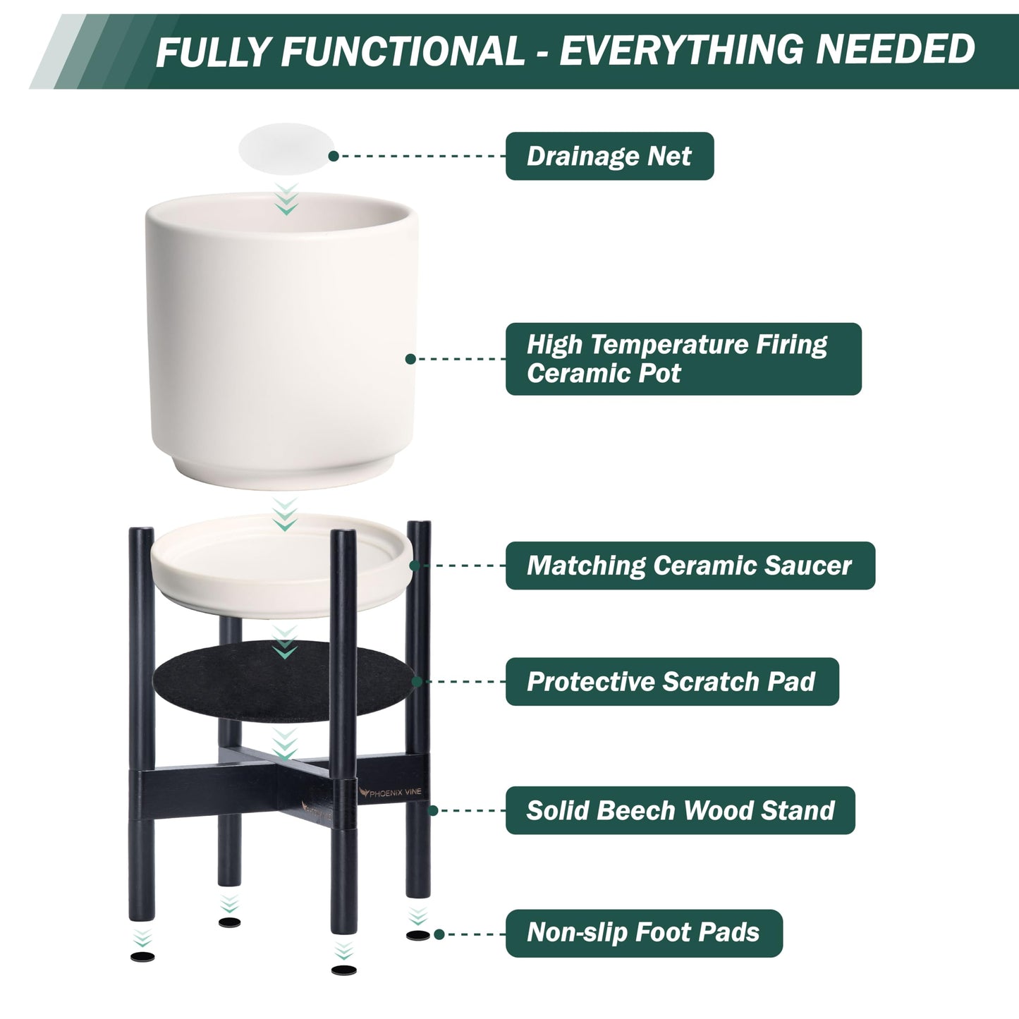 D'vine Dev Ceramic Planter with Ebony Stand - 14 Inch Modern Round Flower Pot with Wood Planter Holder, Oatmeal, 55-B-S-8