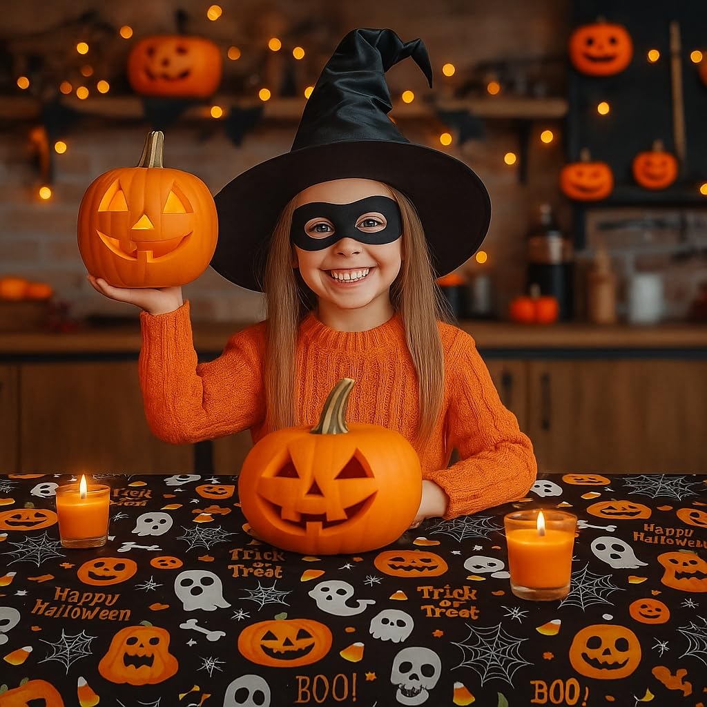 Pyrrhiax 4 Pcs 54 x 108 Inch Halloween Pumpkin Ghost Tablecloth, Rectangular Plastic Spider Web Table Cloth Large Size Halloween Table Covers for Home Decor Party Decorations