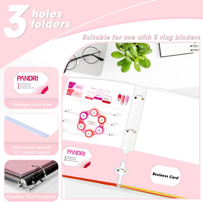 Two Pocket Portfolio Folders, PANDRI 60 Pack 3 Hole Punched 2 Pocket Folders for 3 Ring Binder, Letter Size Paper File Folder for School Office Home Business, Pink