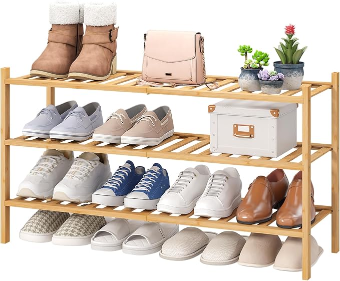 viewcare 3-Tier Long Shoe Rack, Bamboo Wood Shoe Rack