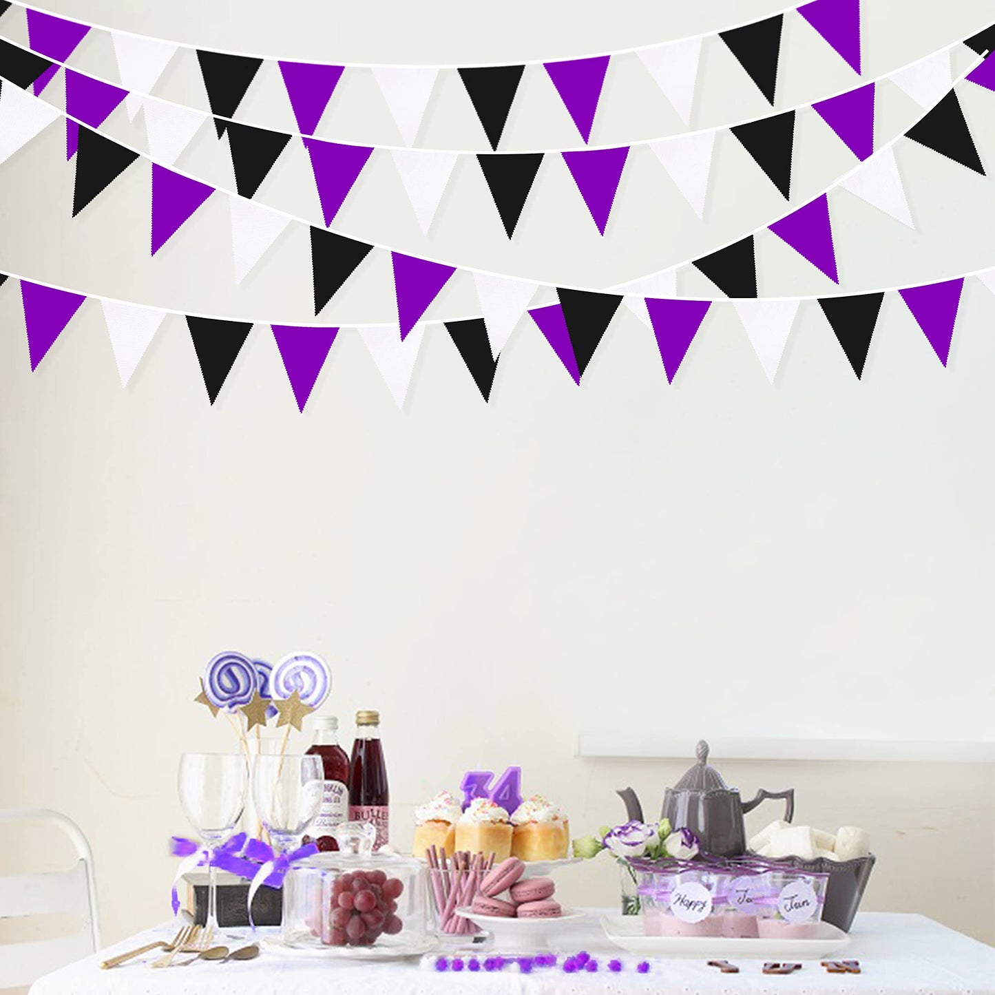 32Ft Purple Black White Graduation Party Decorations 2023 Halloween Pennant Banner Fabric Triangle Flag Bunting Garland for Wedding Birthday Home Nursery Outdoor Garden Hanging Festivals Decoration