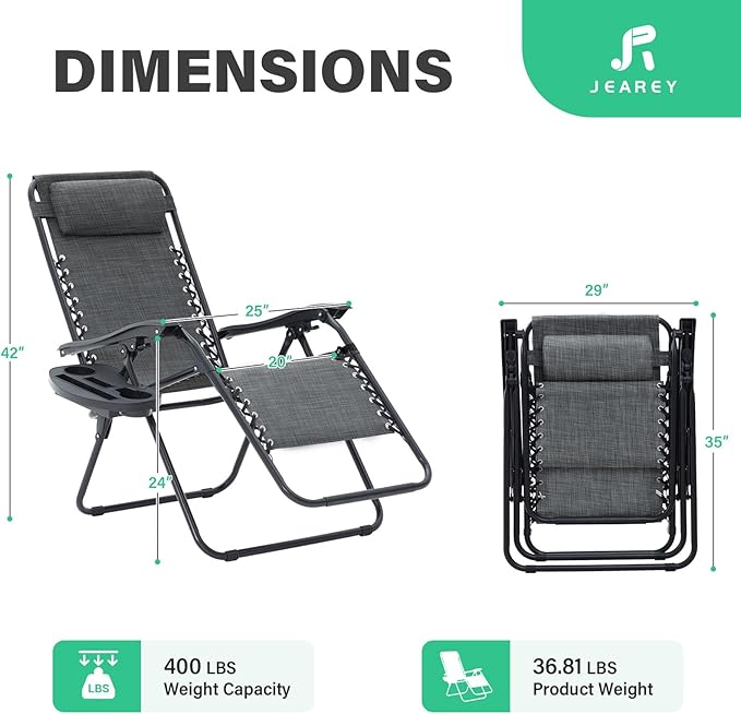 JEAREY Oversized Zero Gravity Lounge Chairs Set of 2, Adjustable Steel Mesh