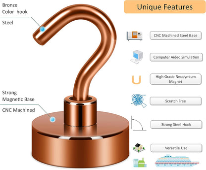 Neosmuk Magnetic Hooks,Heavy Duty Earth Magnets with Hook for Refrigerator, Extra Strong Cruise Hook for Hanging, Magnetic Hanger for Cabins, Grill (Bronze, Pack of 4)